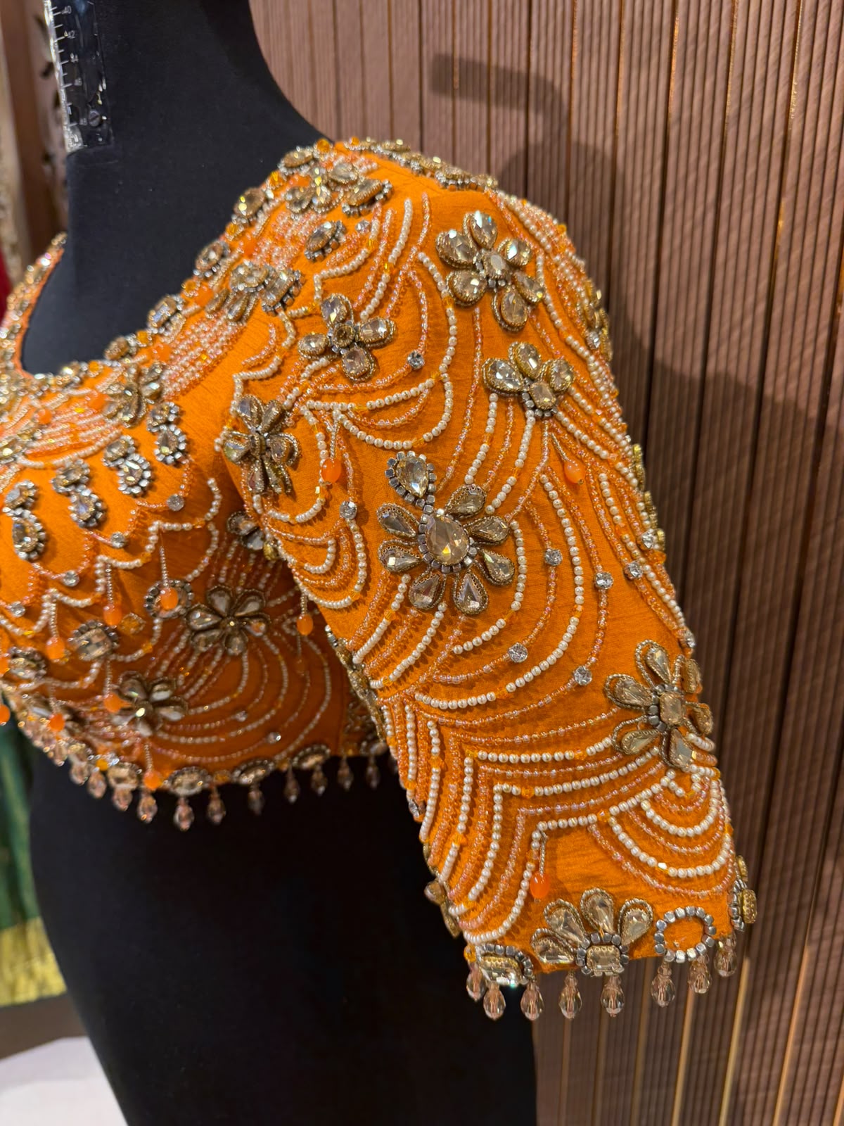 Vibrant Tangerine Orange Hand-Embroidered Designer Blouse with Zardozi and Pearl Work