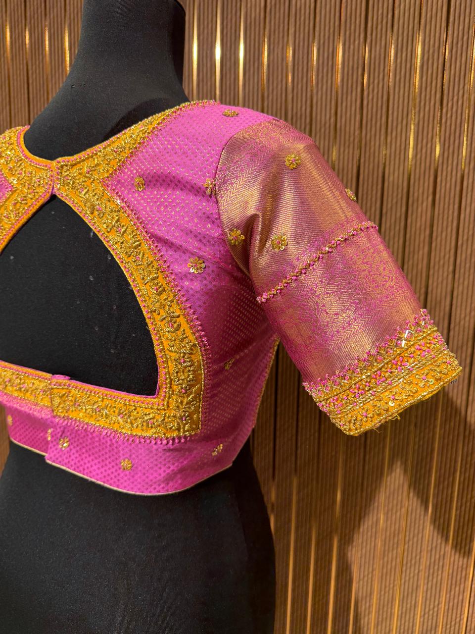 Vibrant Pink and Gold Brocade Designer Blouse with Zardozi Work and Cut-Out Back
