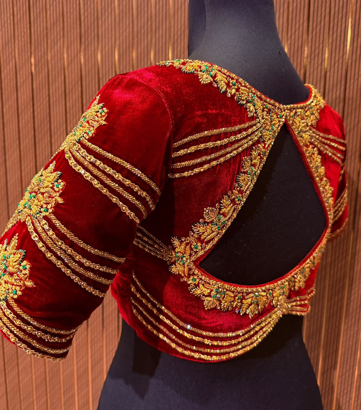 Deep Maroon Velvet Designer Blouse with Golden Zari Piping and Zardozi Work