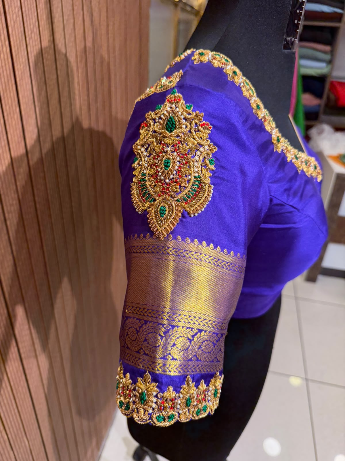 Regal Royal Purple Silk Blouse with Heavy Gold Zari Brocade and Multi-Color Stone Hand-Embroidery
