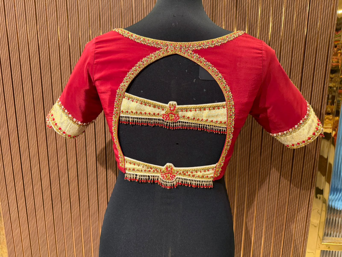 Crimson and Cream Brocade Designer Blouse with Pearl and Stone Work