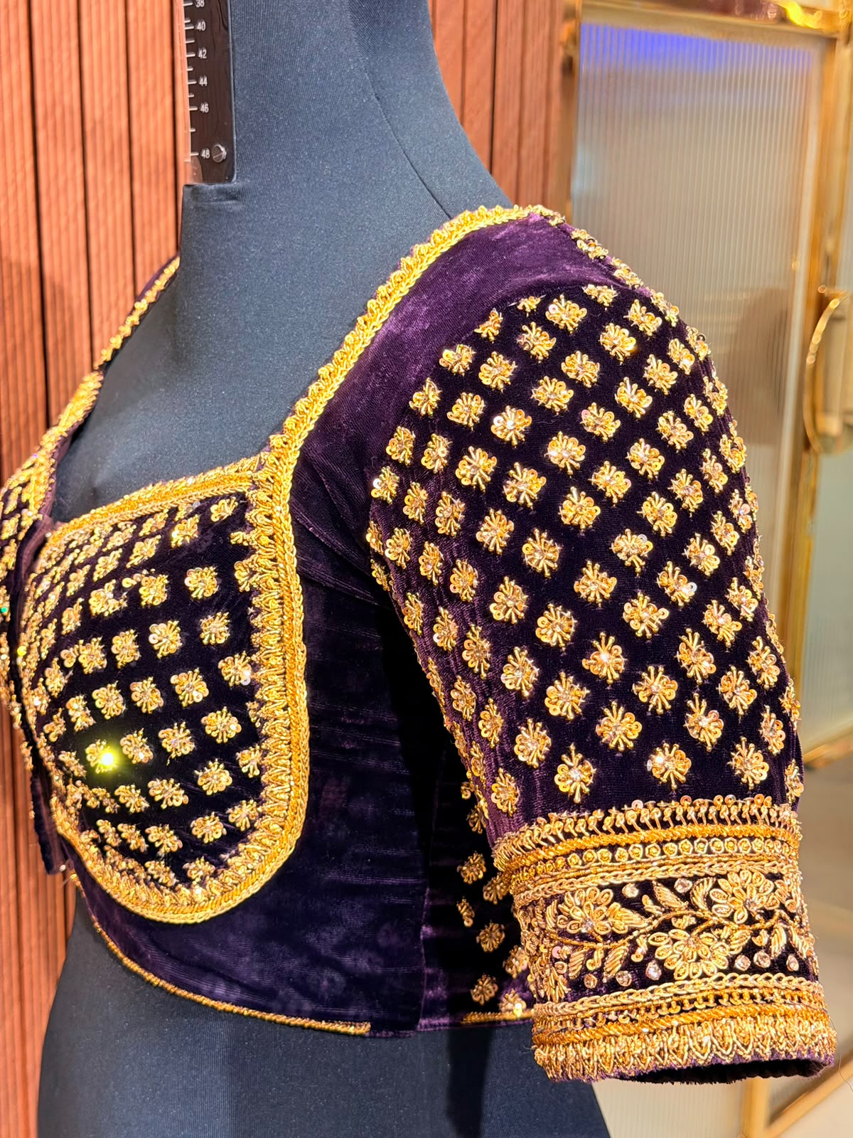 Luxurious Deep Purple Velvet Designer Blouse with All-Over Gold Zardozi Bootis and Cutout Back