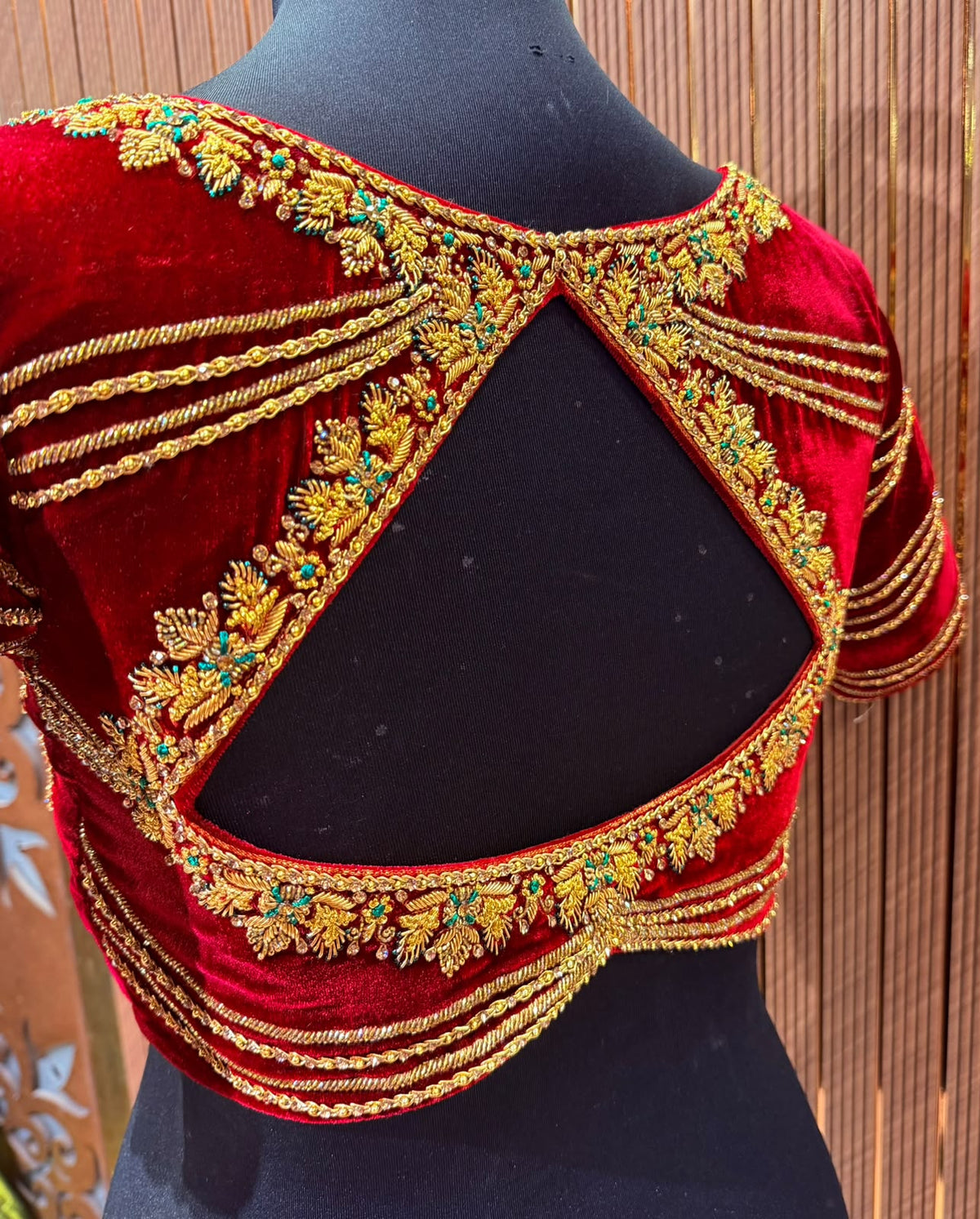 Deep Maroon Velvet Designer Blouse with Golden Zari Piping and Zardozi Work