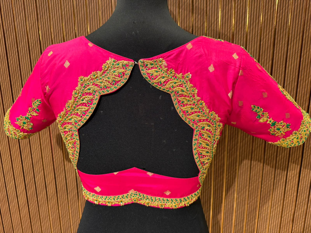 Vibrant Pink Raw Silk Designer Blouse with Zardozi Work and Scalloped Neckline