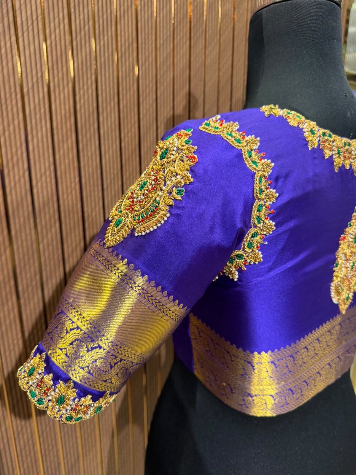 Regal Royal Purple Silk Blouse with Heavy Gold Zari Brocade and Multi-Color Stone Hand-Embroidery