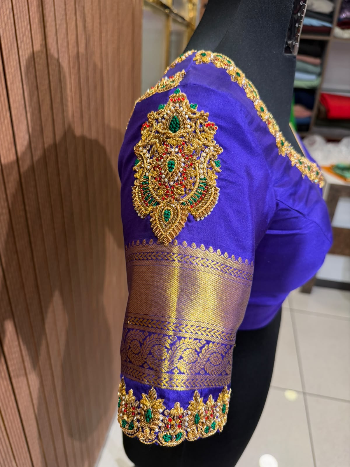 Regal Royal Purple Silk Blouse with Heavy Gold Zari Brocade and Multi-Color Stone Hand-Embroidery