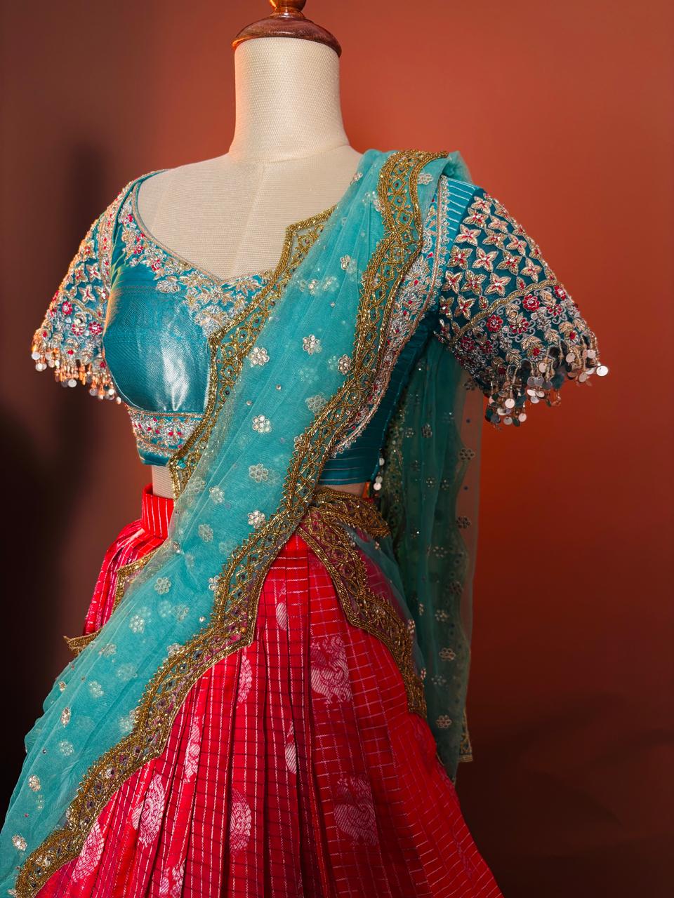 Vibrant Turquoise and Pink Silk Half-Saree (Langa Voni) with Heavy Zardozi Embroidery and Sequin Fringe Blouse