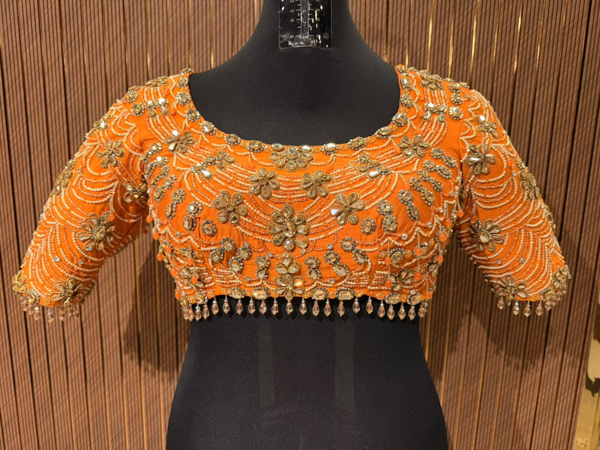 Vibrant Tangerine Orange Hand-Embroidered Designer Blouse with Zardozi and Pearl Work