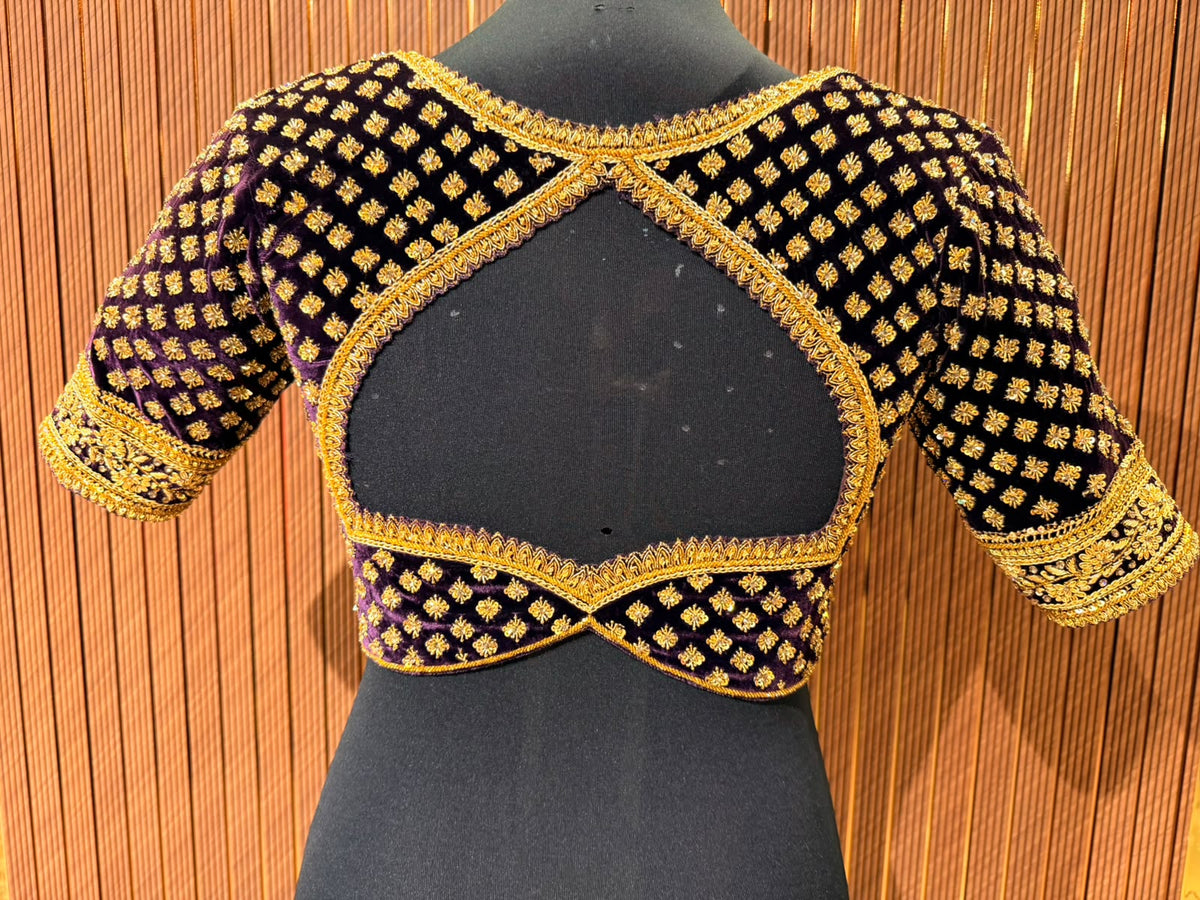 Luxurious Deep Purple Velvet Designer Blouse with All-Over Gold Zardozi Bootis and Cutout Back