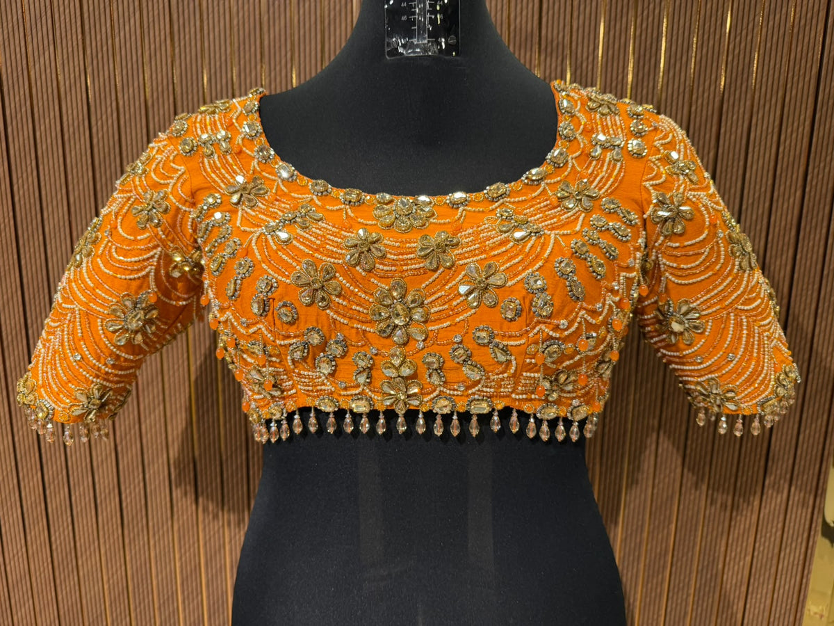 Vibrant Tangerine Orange Hand-Embroidered Designer Blouse with Zardozi and Pearl Work