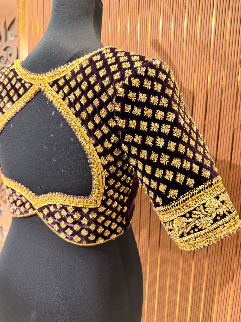 Luxurious Deep Purple Velvet Designer Blouse with All-Over Gold Zardozi Bootis and Cutout Back