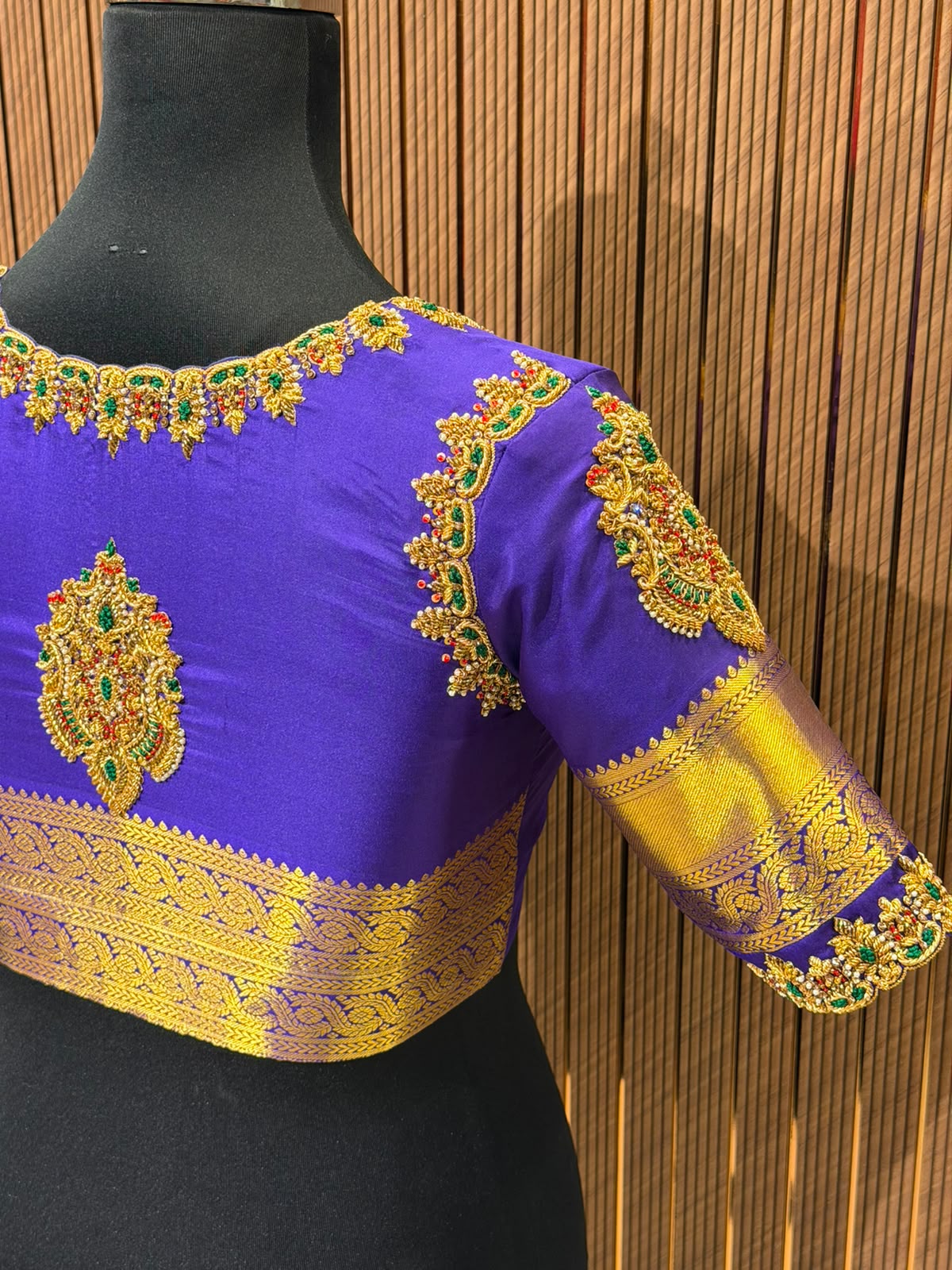 Regal Royal Purple Silk Blouse with Heavy Gold Zari Brocade and Multi-Color Stone Hand-Embroidery