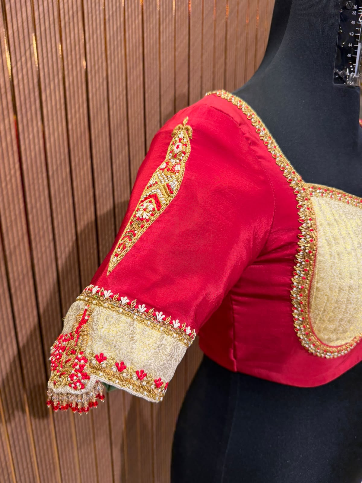 Crimson and Cream Brocade Designer Blouse with Pearl and Stone Work
