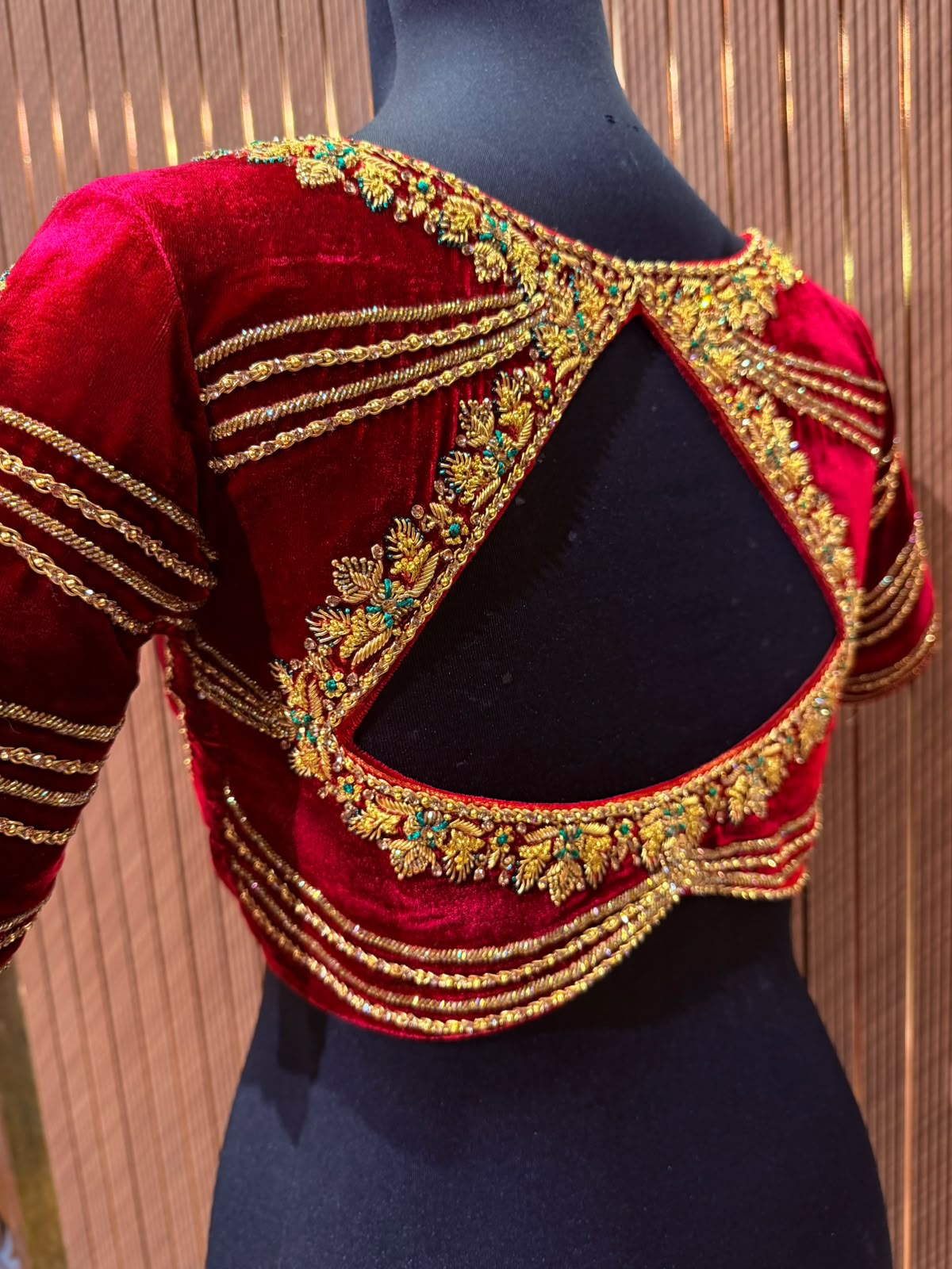 Deep Maroon Velvet Designer Blouse with Golden Zari Piping and Zardozi Work