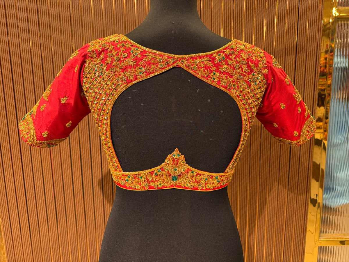 Vibrant Tangerine Orange Hand-Embroidered Designer Blouse with Zardozi and Pearl Work