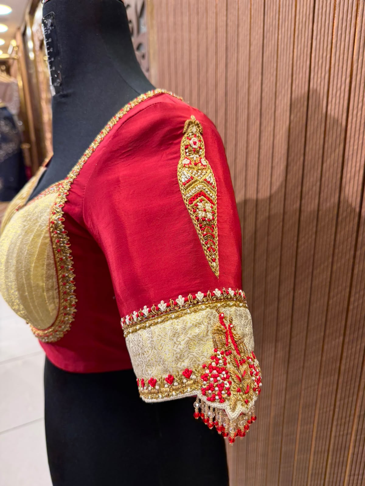 Crimson and Cream Brocade Designer Blouse with Pearl and Stone Work