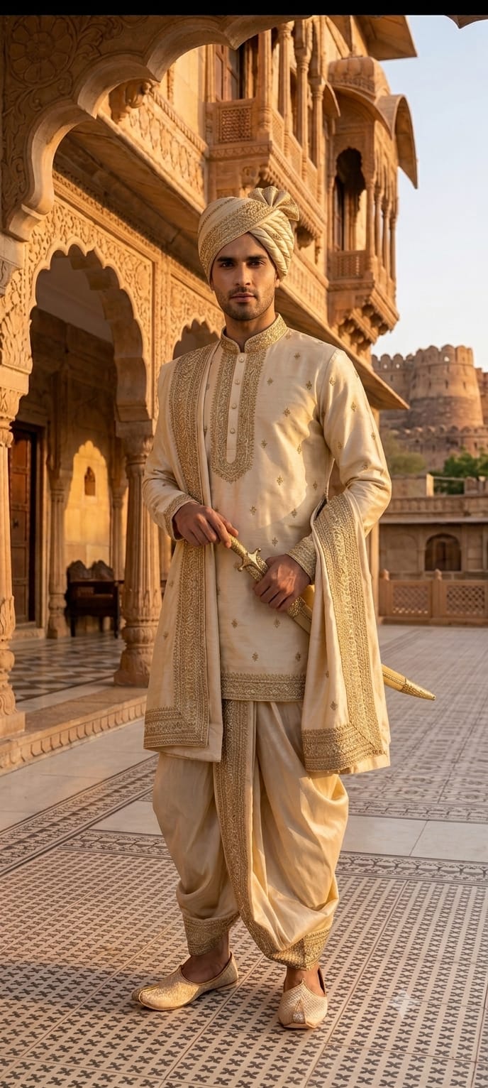 Royal Cream Silk Sherwani & Dhoti Set with Matching Turban and Ornate Brocade Shawl