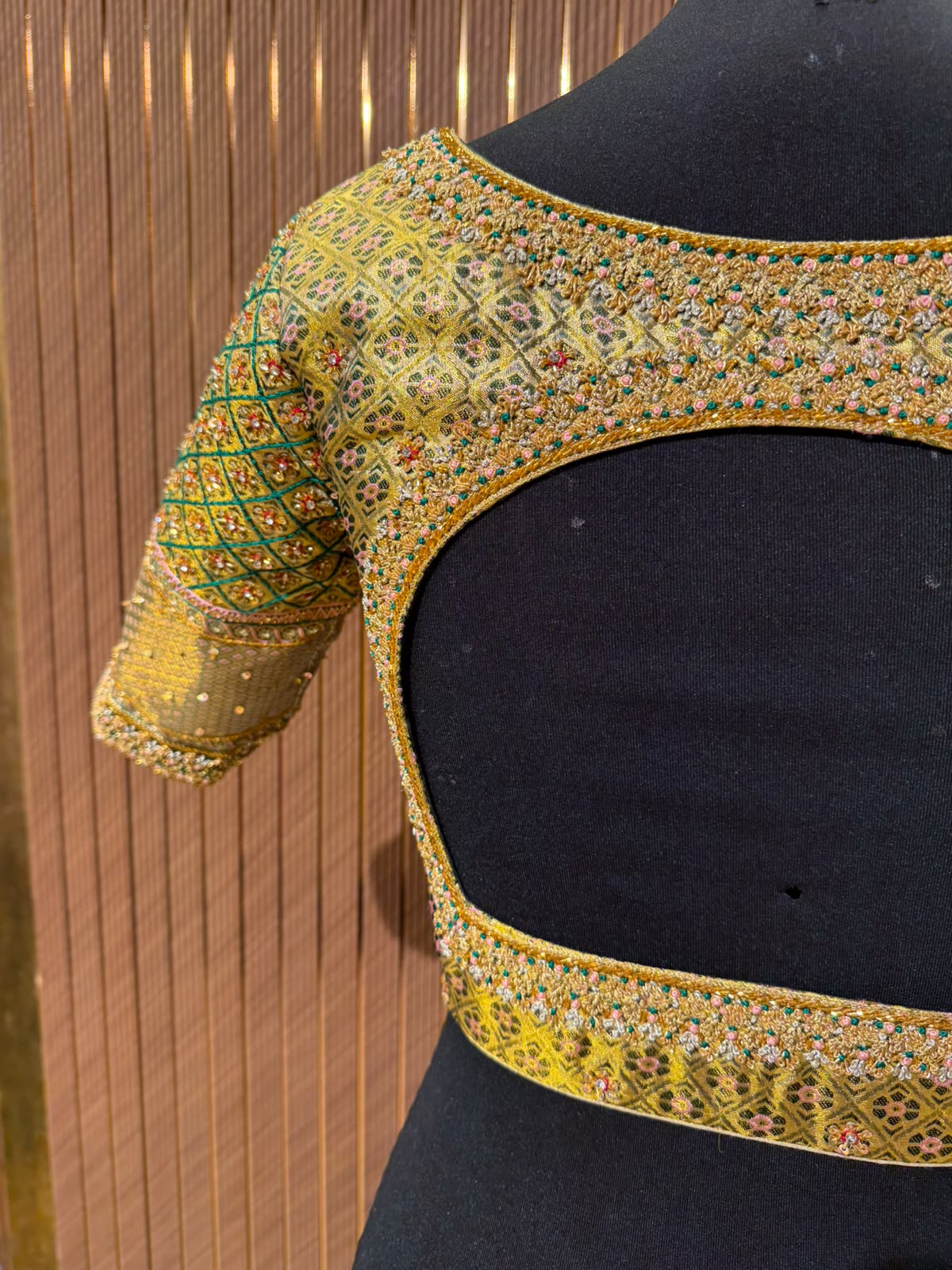 Golden Yellow and Green Brocade Designer Blouse with Checkered Zardozi Embroidery