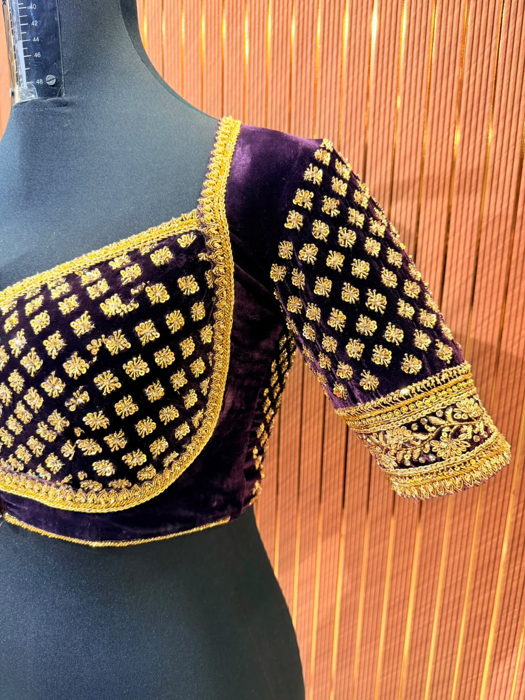 Luxurious Deep Purple Velvet Designer Blouse with All-Over Gold Zardozi Bootis and Cutout Back
