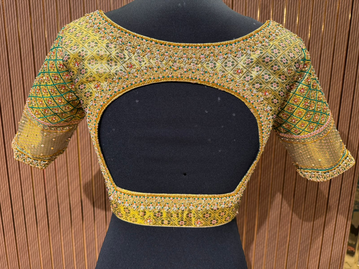 Golden Yellow and Green Brocade Designer Blouse with Checkered Zardozi Embroidery