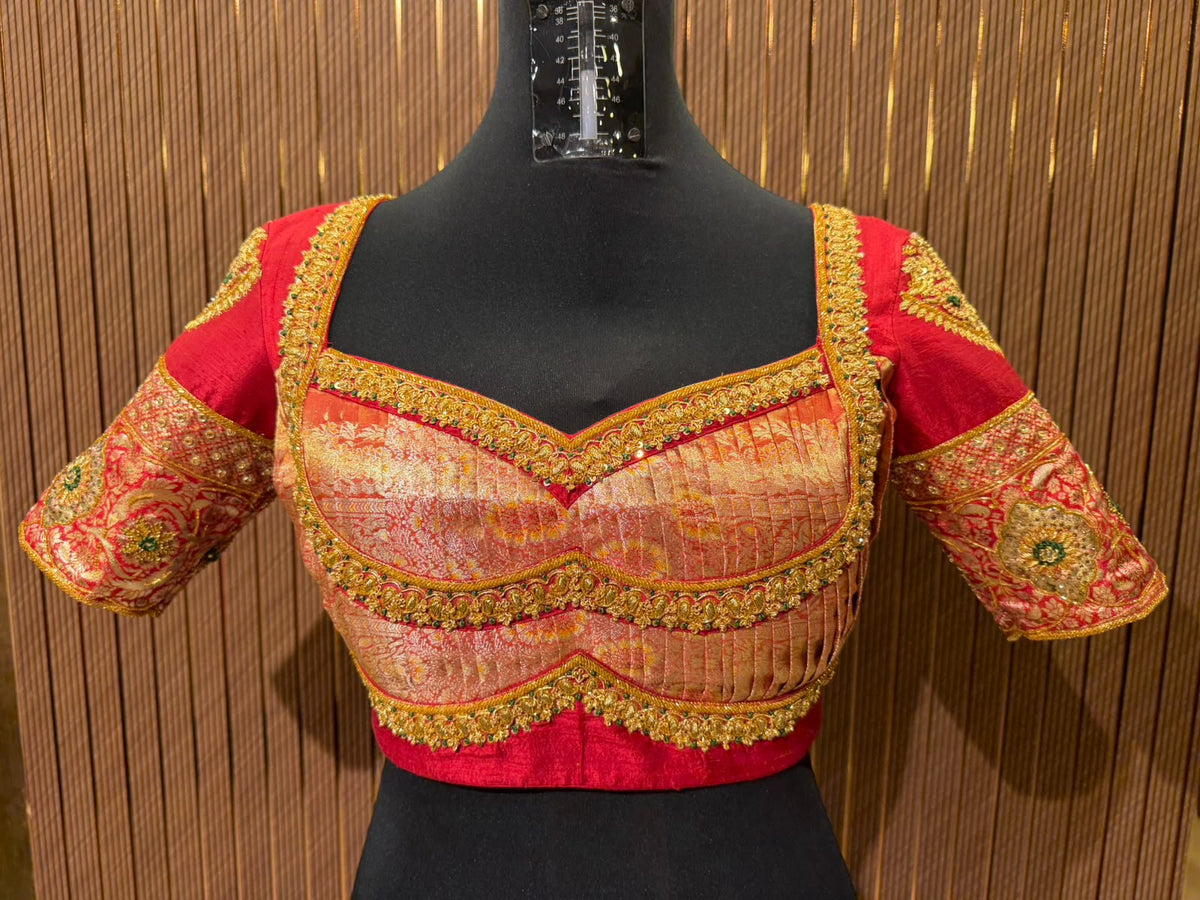 Vibrant Tangerine Orange Hand-Embroidered Designer Blouse with Zardozi and Pearl Work