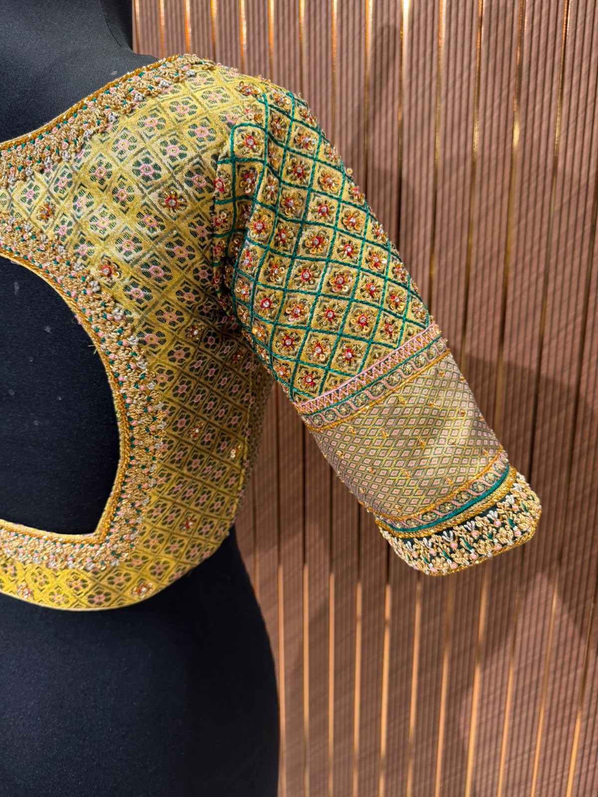 Golden Yellow and Green Brocade Designer Blouse with Checkered Zardozi Embroidery