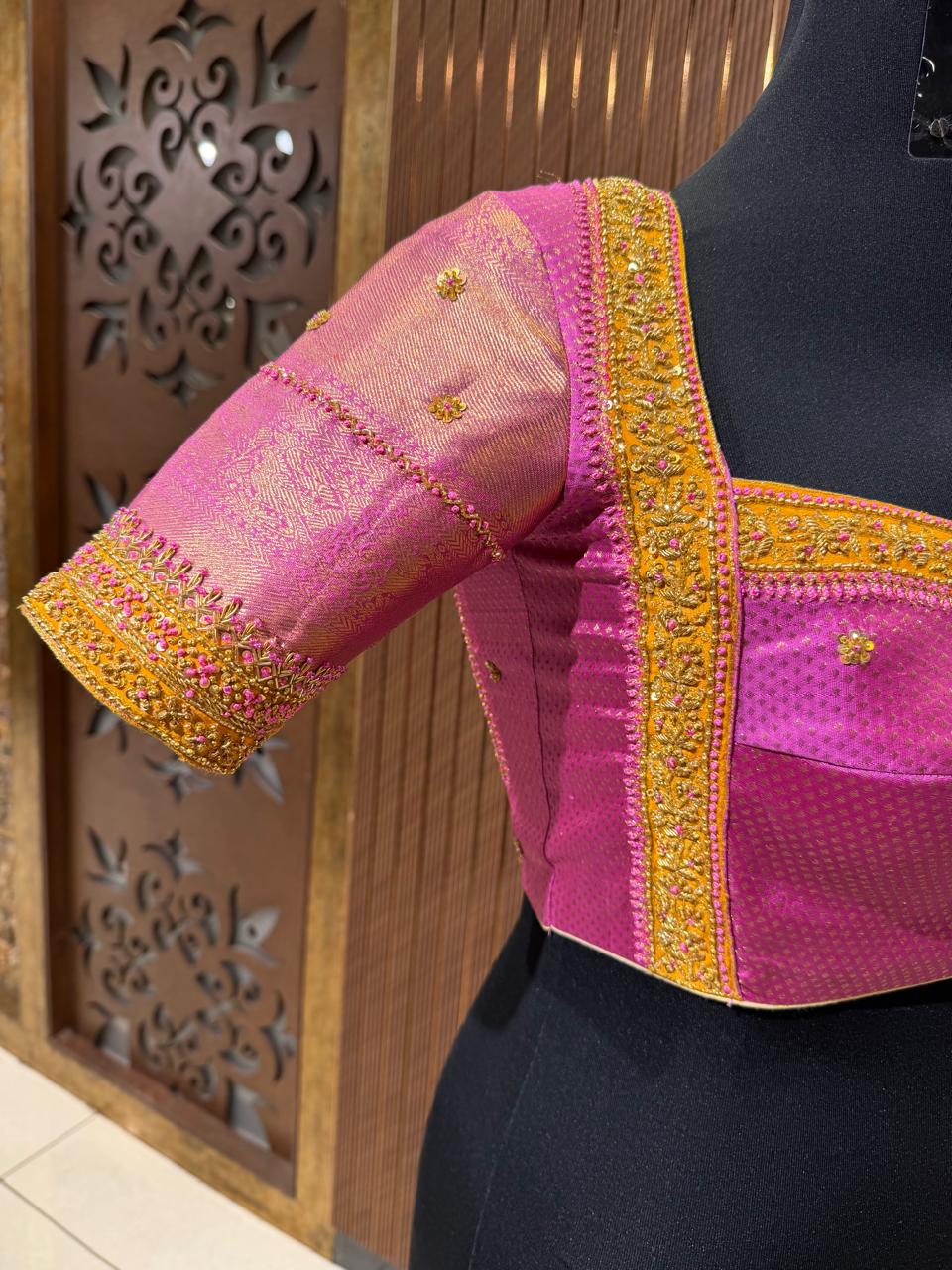 Vibrant Pink and Gold Brocade Designer Blouse with Zardozi Work and Cut-Out Back