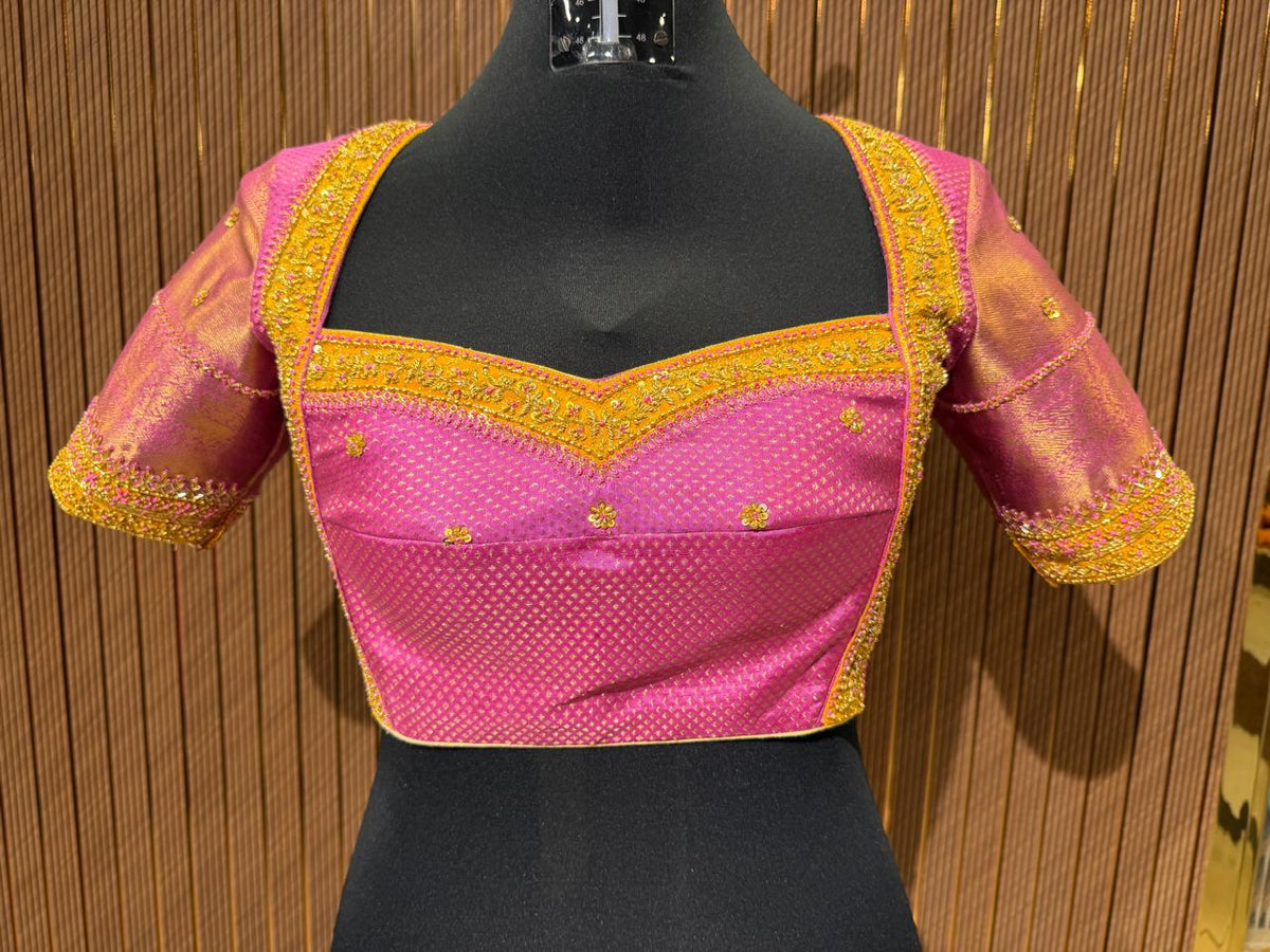 Vibrant Pink and Gold Brocade Designer Blouse with Zardozi Work and Cut-Out Back