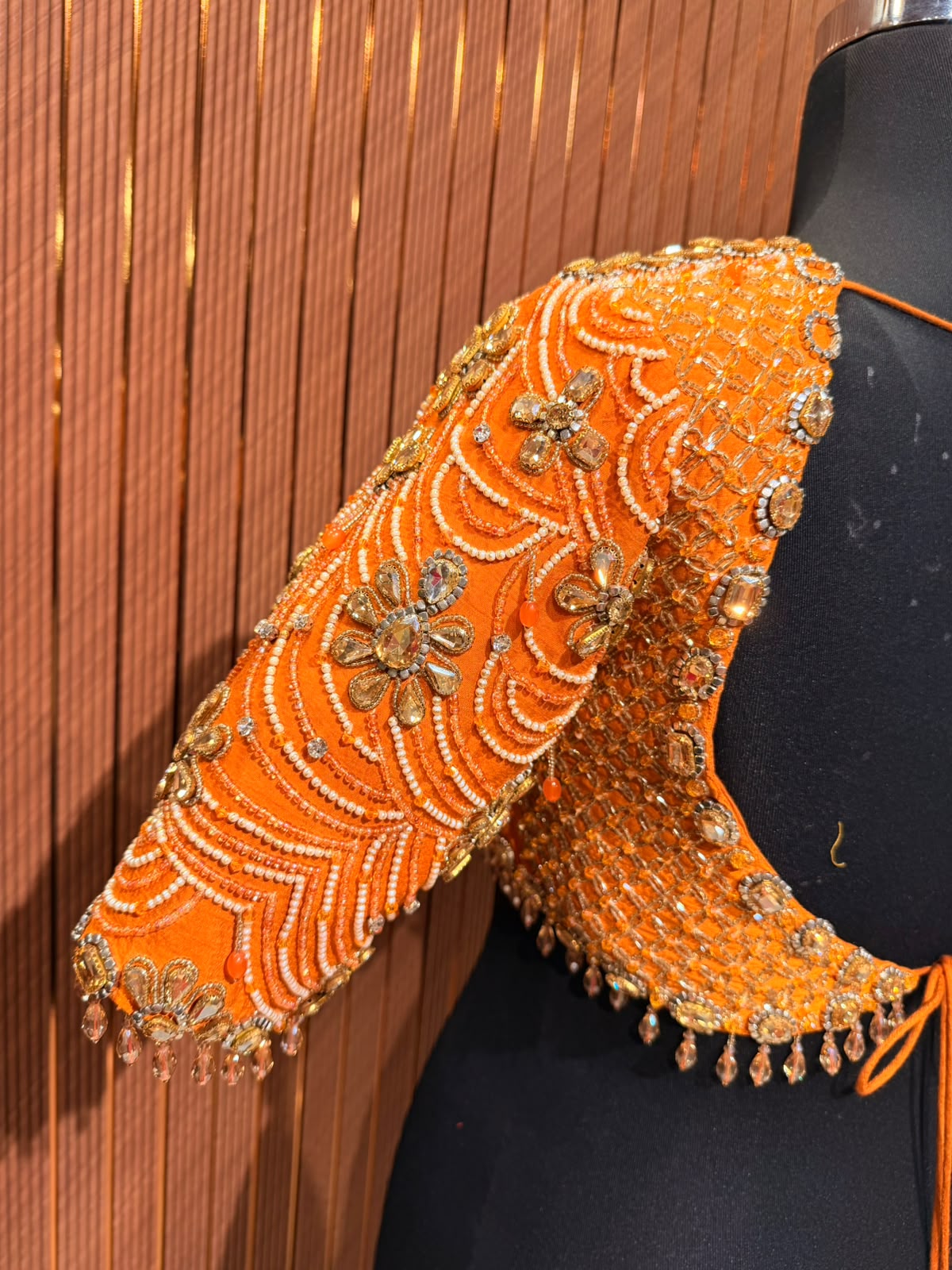Vibrant Tangerine Orange Hand-Embroidered Designer Blouse with Zardozi and Pearl Work
