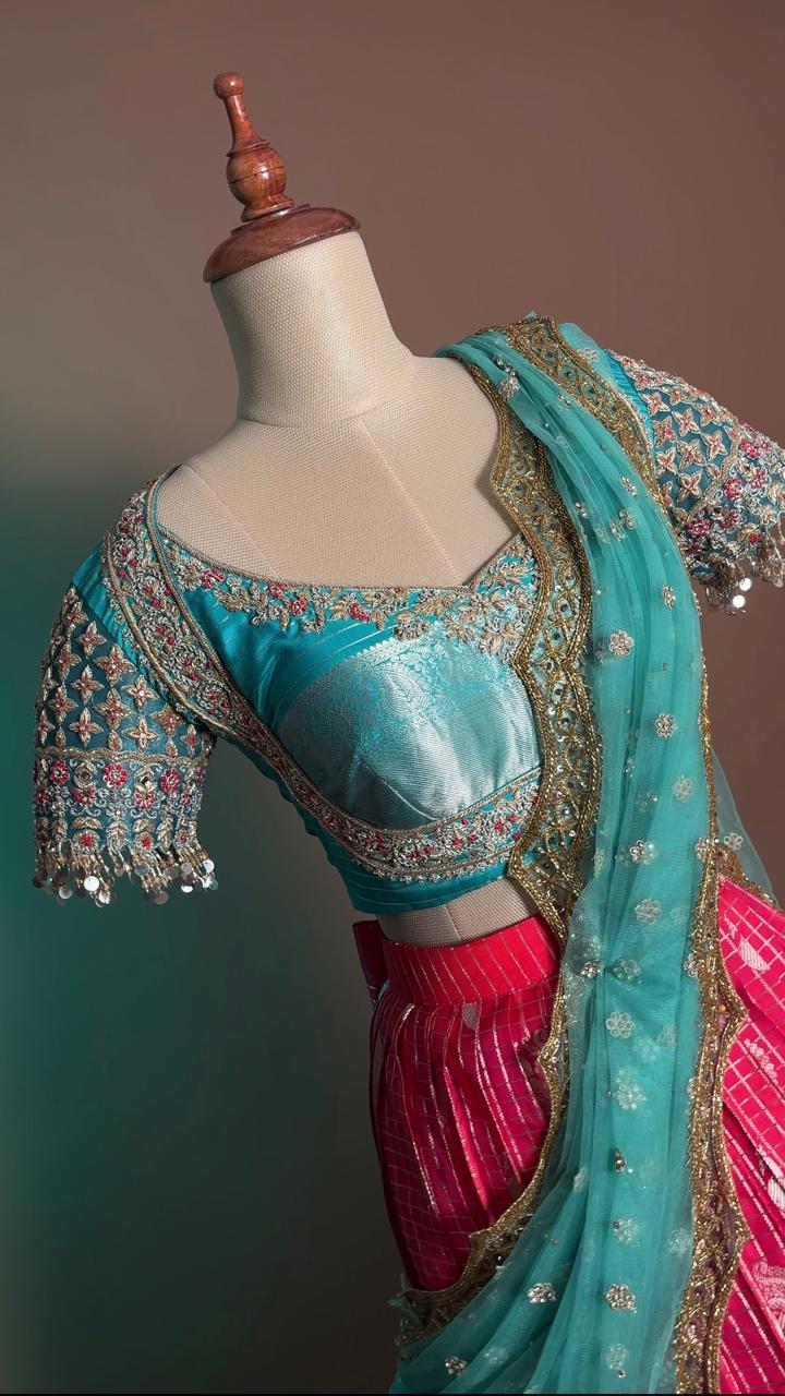 Vibrant Turquoise and Pink Silk Half-Saree (Langa Voni) with Heavy Zardozi Embroidery and Sequin Fringe Blouse