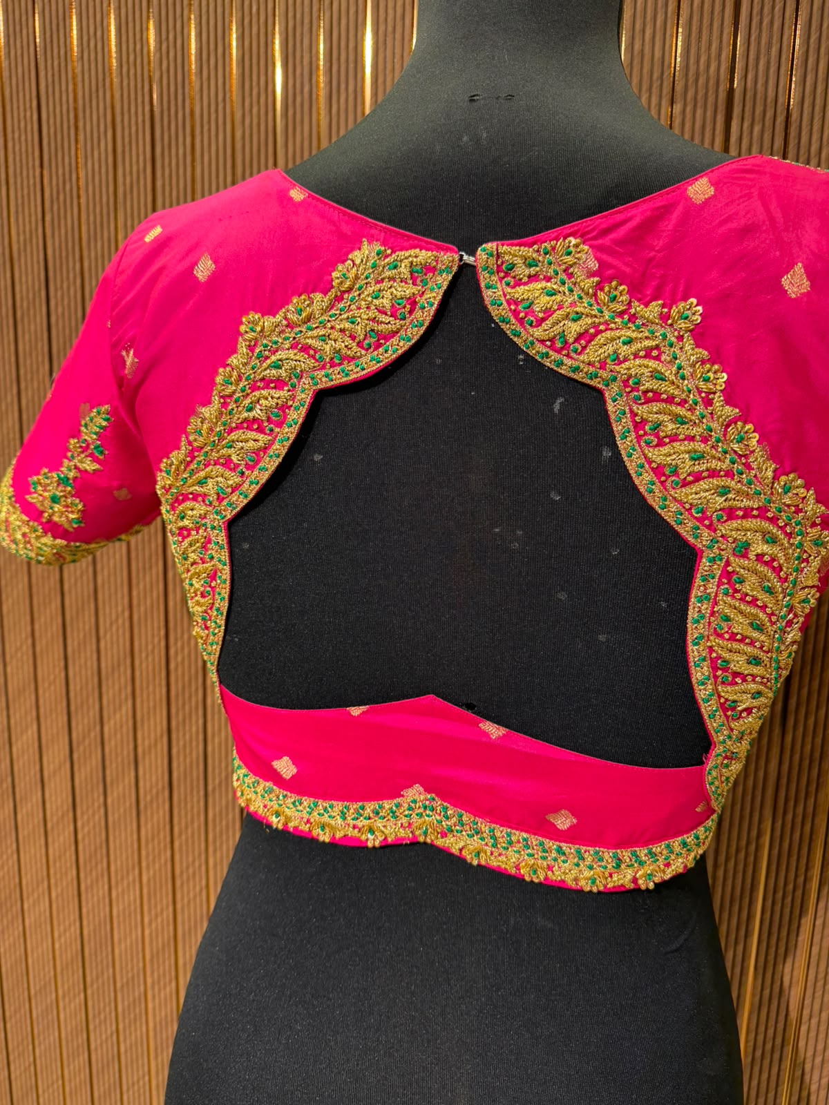 Vibrant Pink Raw Silk Designer Blouse with Zardozi Work and Scalloped Neckline