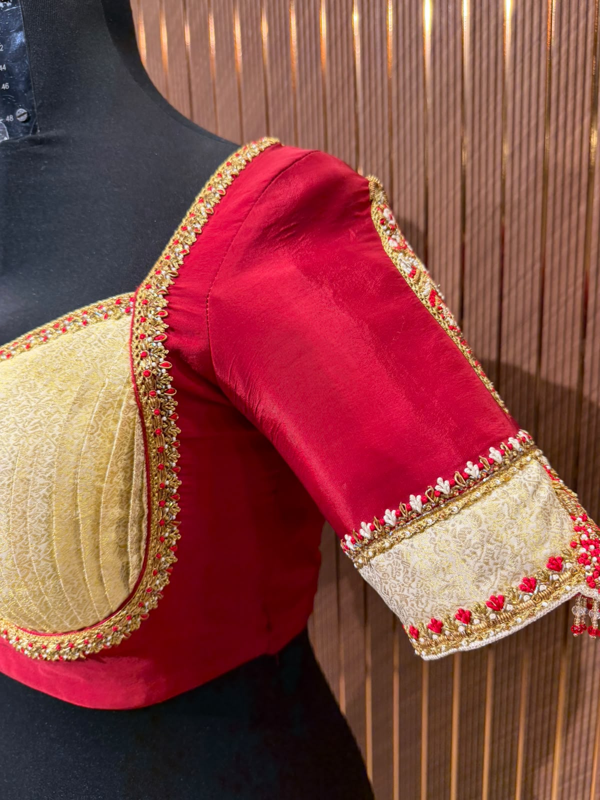 Crimson and Cream Brocade Designer Blouse with Pearl and Stone Work