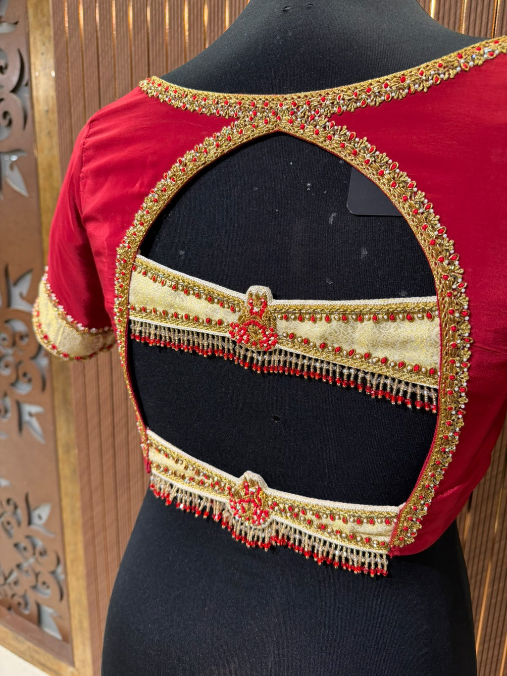 Crimson and Cream Brocade Designer Blouse with Pearl and Stone Work