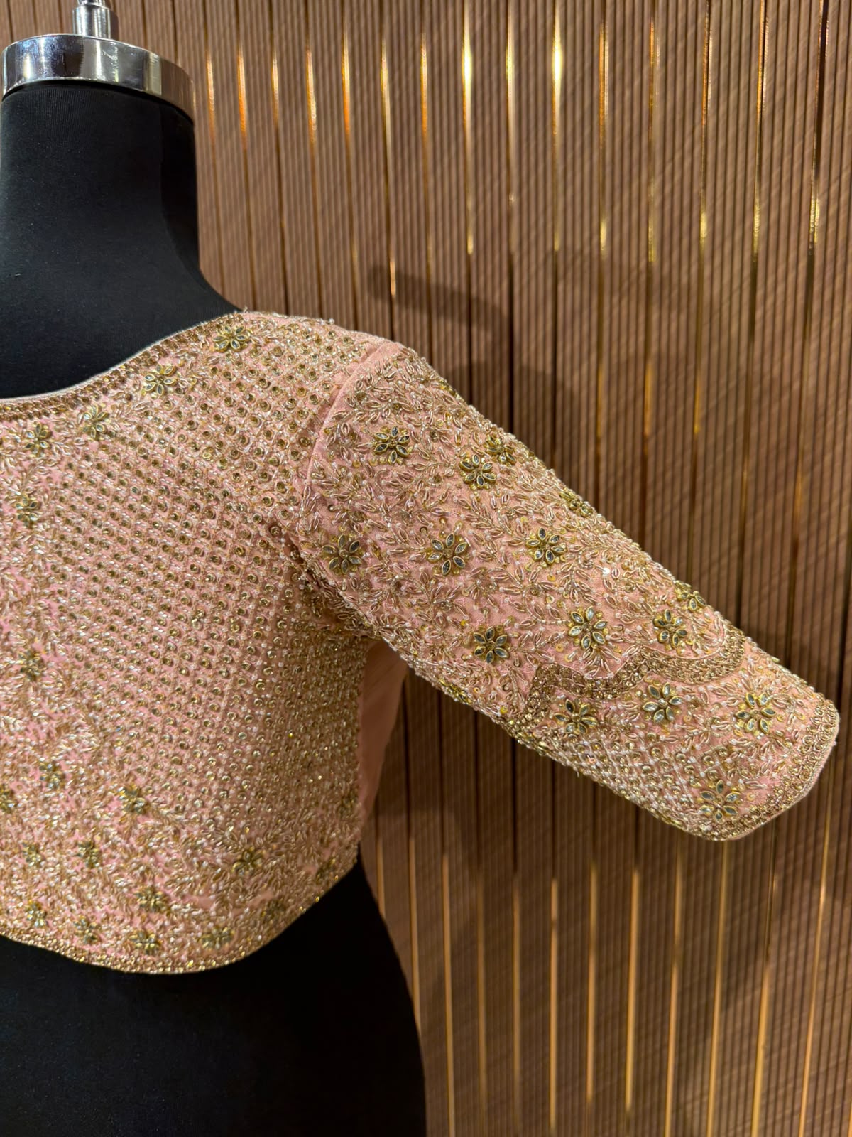 Elegant Pastel Peach Heavy Hand-Embroidered Designer Silk Blouse with Gold Zardozi and Stone Work