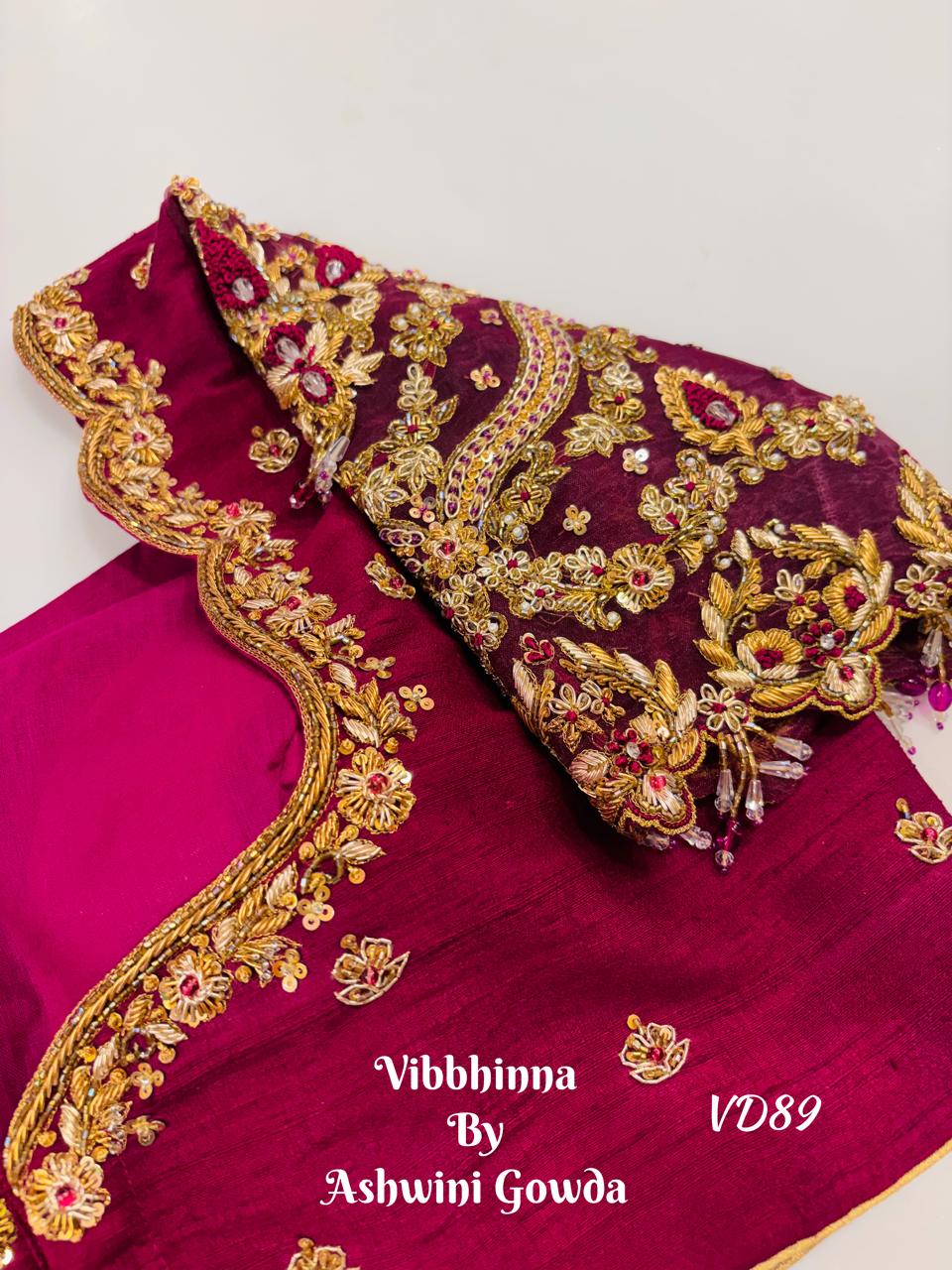Regal Magenta Raw Silk Designer Blouse with Scalloped Zardozi and Ruby Stone Hand-Embroidery