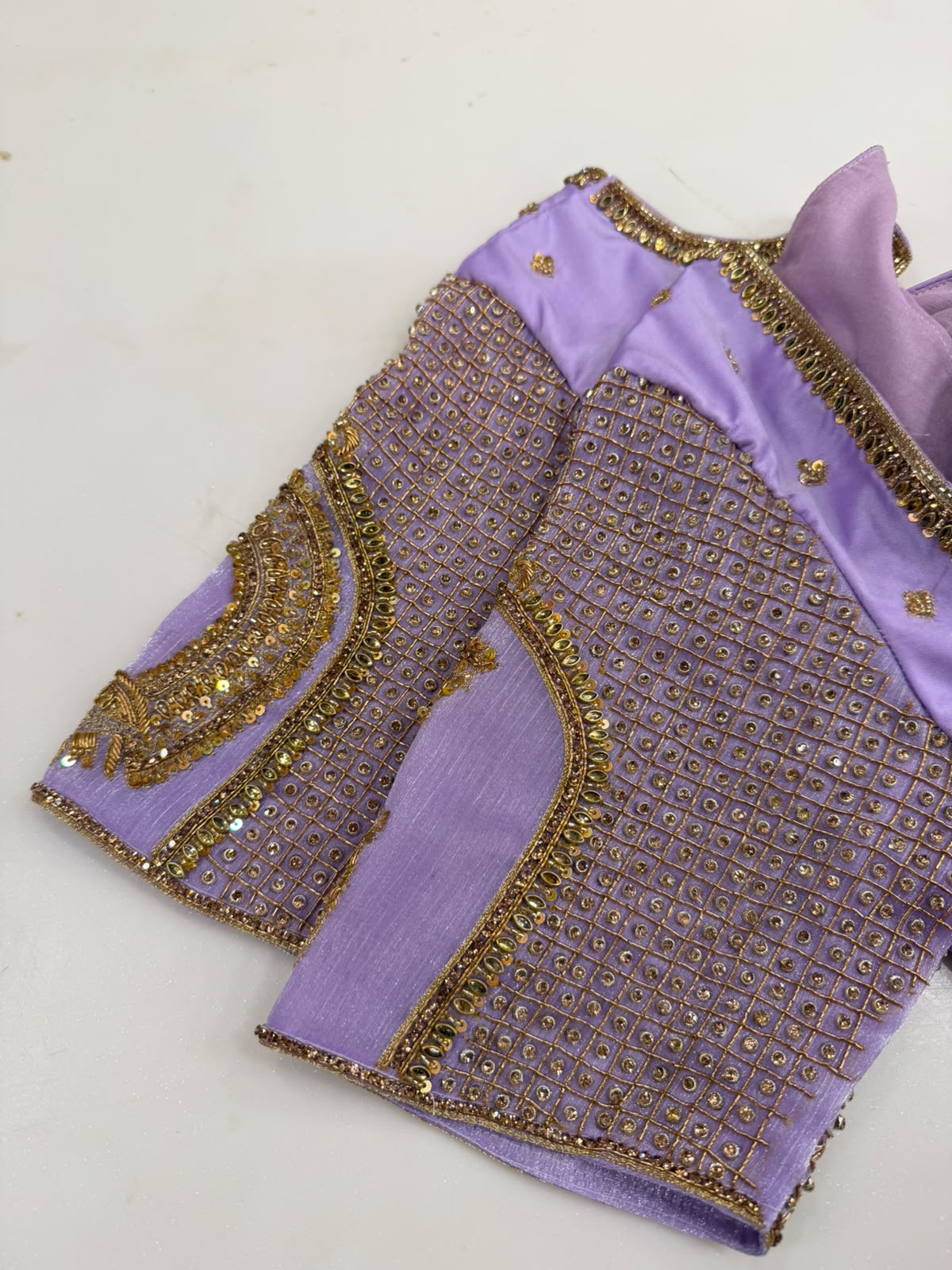 Ethereal Lavender Designer Silk Blouse with Pleated Bodice and Zardozi Lattice Embroidery