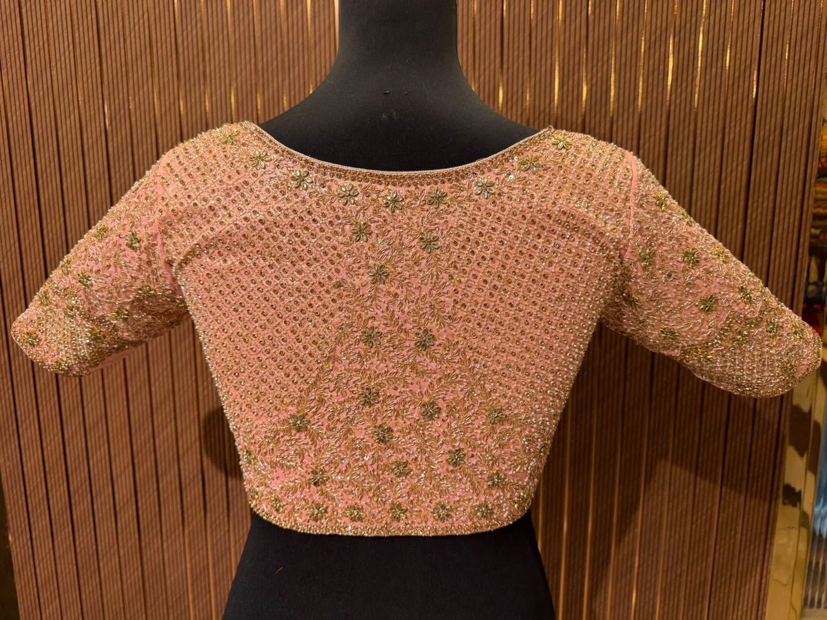 Elegant Pastel Peach Heavy Hand-Embroidered Designer Silk Blouse with Gold Zardozi and Stone Work