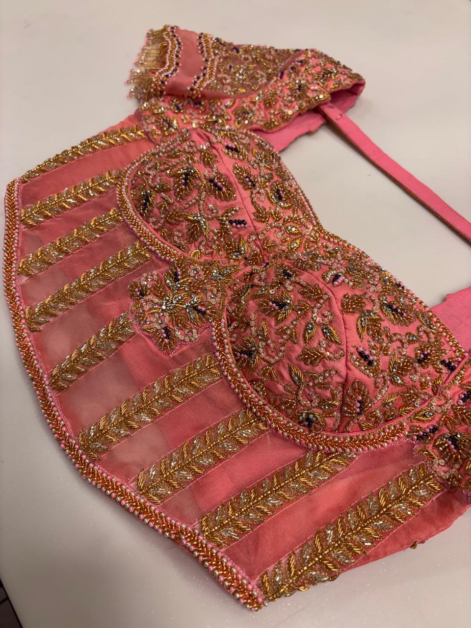 Coral Pink Designer Blouse with Pleated Sheer Panels, Zardozi, and Pearl Hand-Embroidery