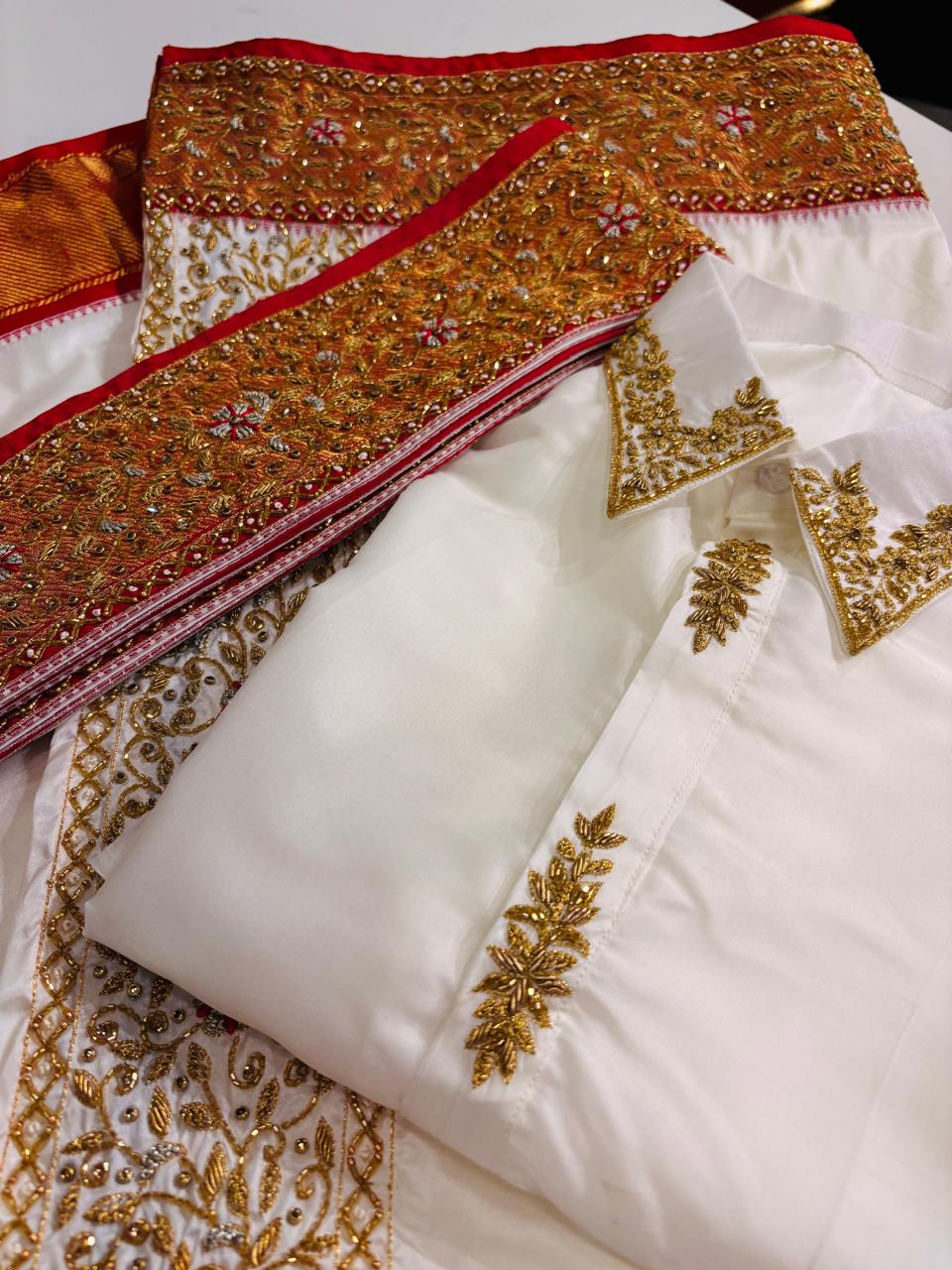 Regal Ivory Men's Kurta and Dhoti Set with Heavy Gold Zardozi Hand-Embroidery and Red Accents