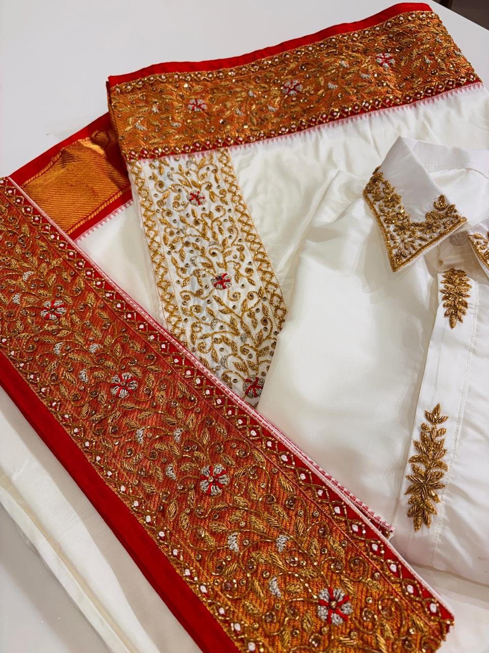 Regal Ivory Men's Kurta and Dhoti Set with Heavy Gold Zardozi Hand-Embroidery and Red Accents