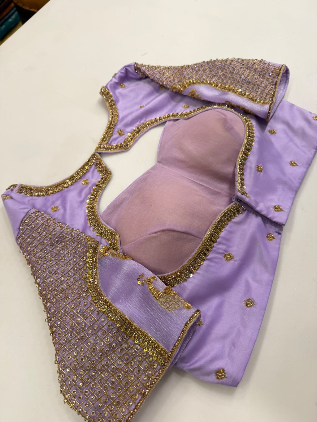 Ethereal Lavender Designer Silk Blouse with Pleated Bodice and Zardozi Lattice Embroidery