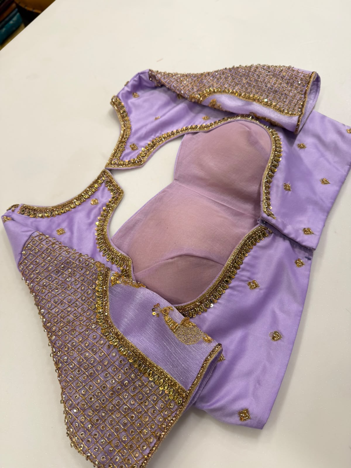 Ethereal Lavender Designer Silk Blouse with Pleated Bodice and Zardozi Lattice Embroidery