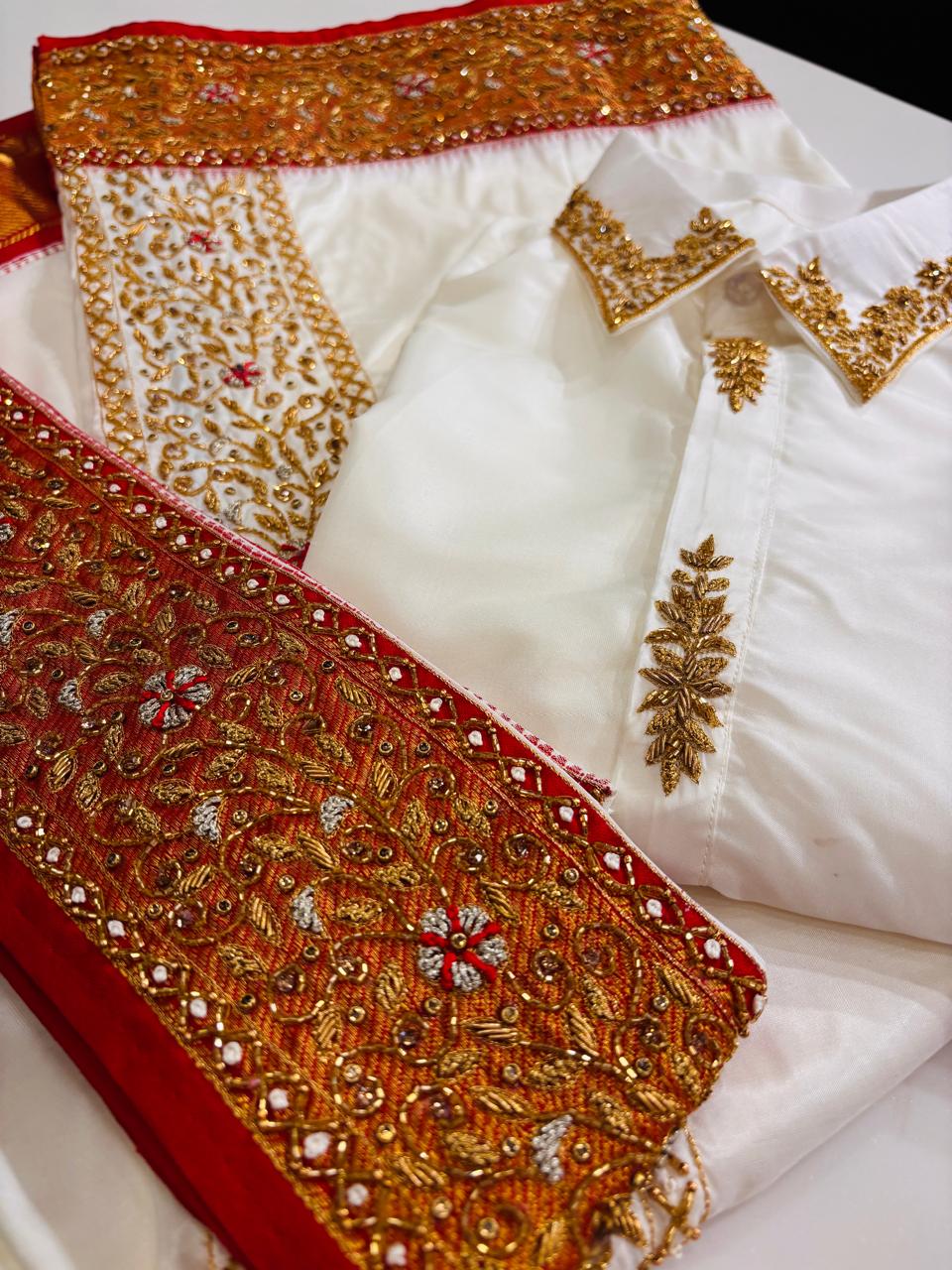 Regal Ivory Men's Kurta and Dhoti Set with Heavy Gold Zardozi Hand-Embroidery and Red Accents