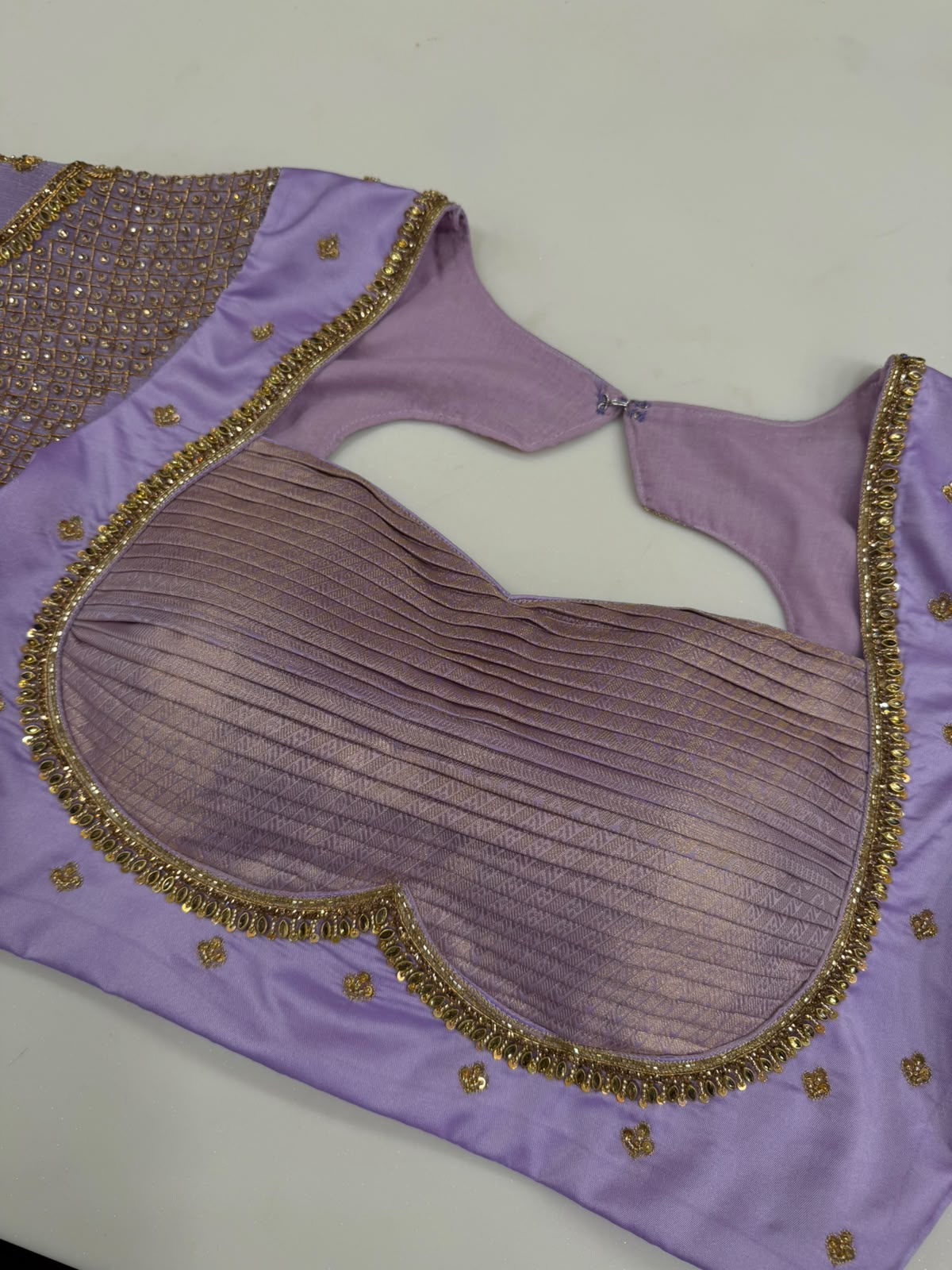 Ethereal Lavender Designer Silk Blouse with Pleated Bodice and Zardozi Lattice Embroidery