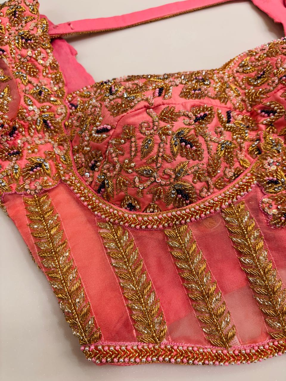 Coral Pink Designer Blouse with Pleated Sheer Panels, Zardozi, and Pearl Hand-Embroidery