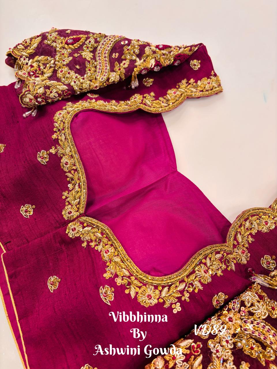 Regal Magenta Raw Silk Designer Blouse with Scalloped Zardozi and Ruby Stone Hand-Embroidery