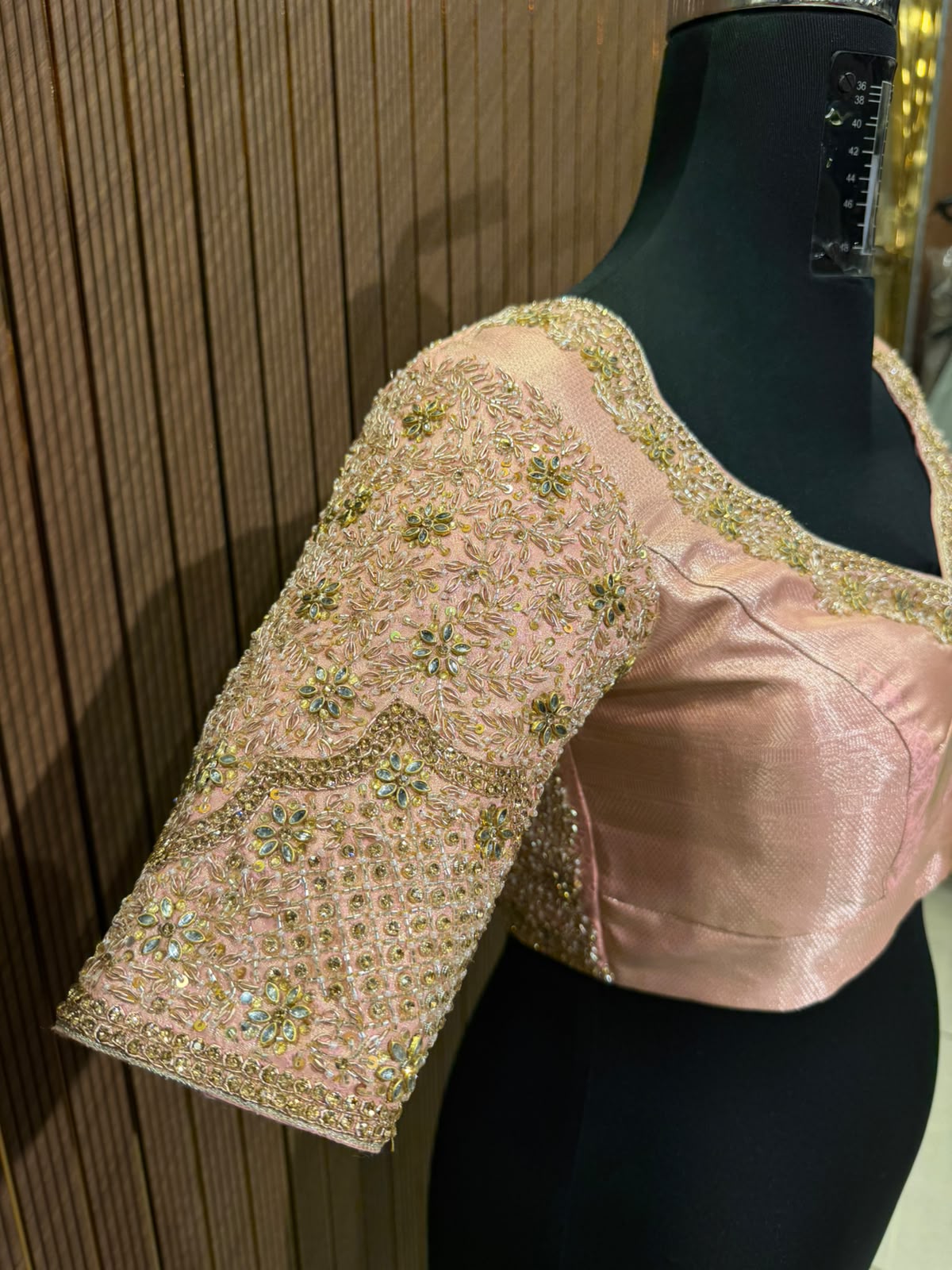 Elegant Pastel Peach Heavy Hand-Embroidered Designer Silk Blouse with Gold Zardozi and Stone Work