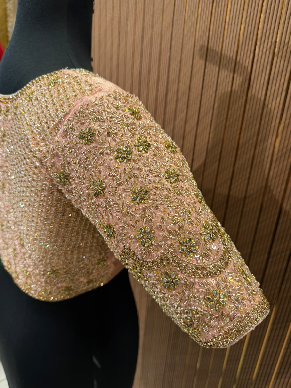 Elegant Pastel Peach Heavy Hand-Embroidered Designer Silk Blouse with Gold Zardozi and Stone Work