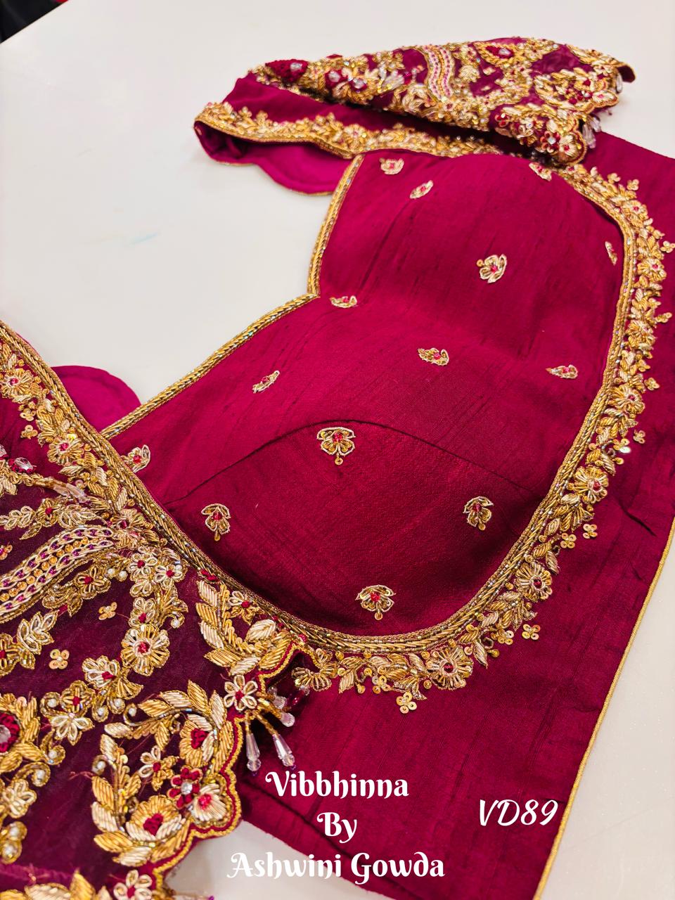 Regal Magenta Raw Silk Designer Blouse with Scalloped Zardozi and Ruby Stone Hand-Embroidery