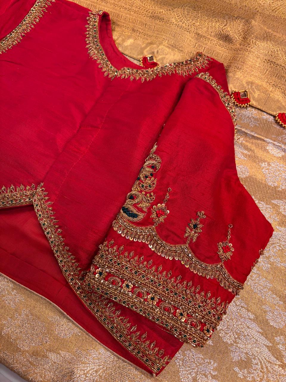Opulent Crimson Red Designer Silk Blouse with Intricate Zardozi and Stone Hand-Embroidery